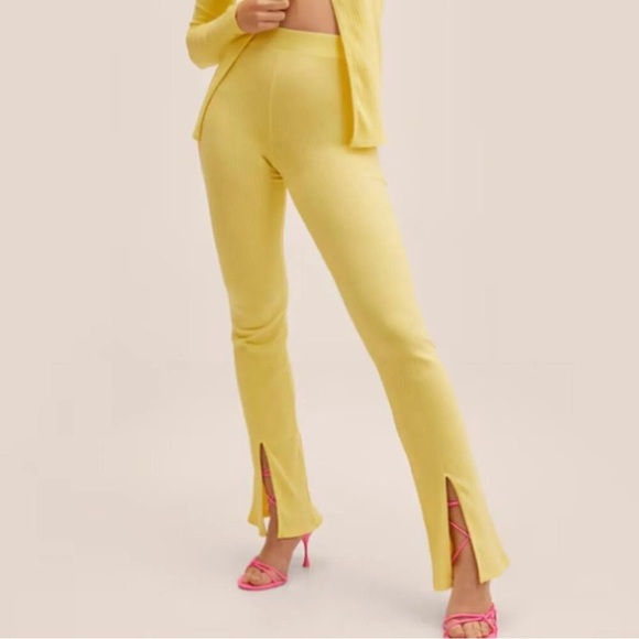 Mango MNG Front Slit Knit Pants Yellow NWT - Picture 1 of 13